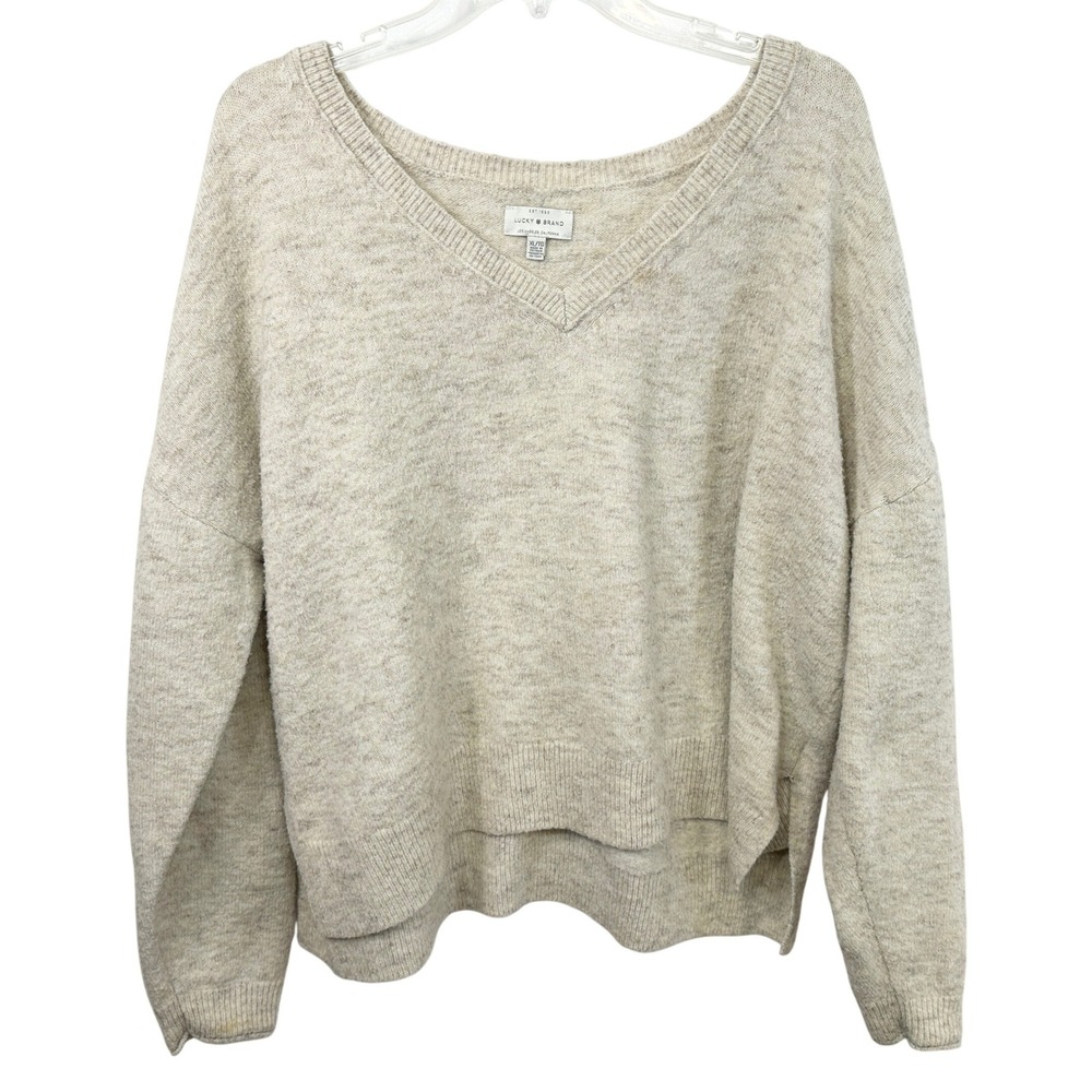 Lucky Brand XL Sweater Oatmeal Heather V-Neck Pullover Relaxed Fit Wool 818